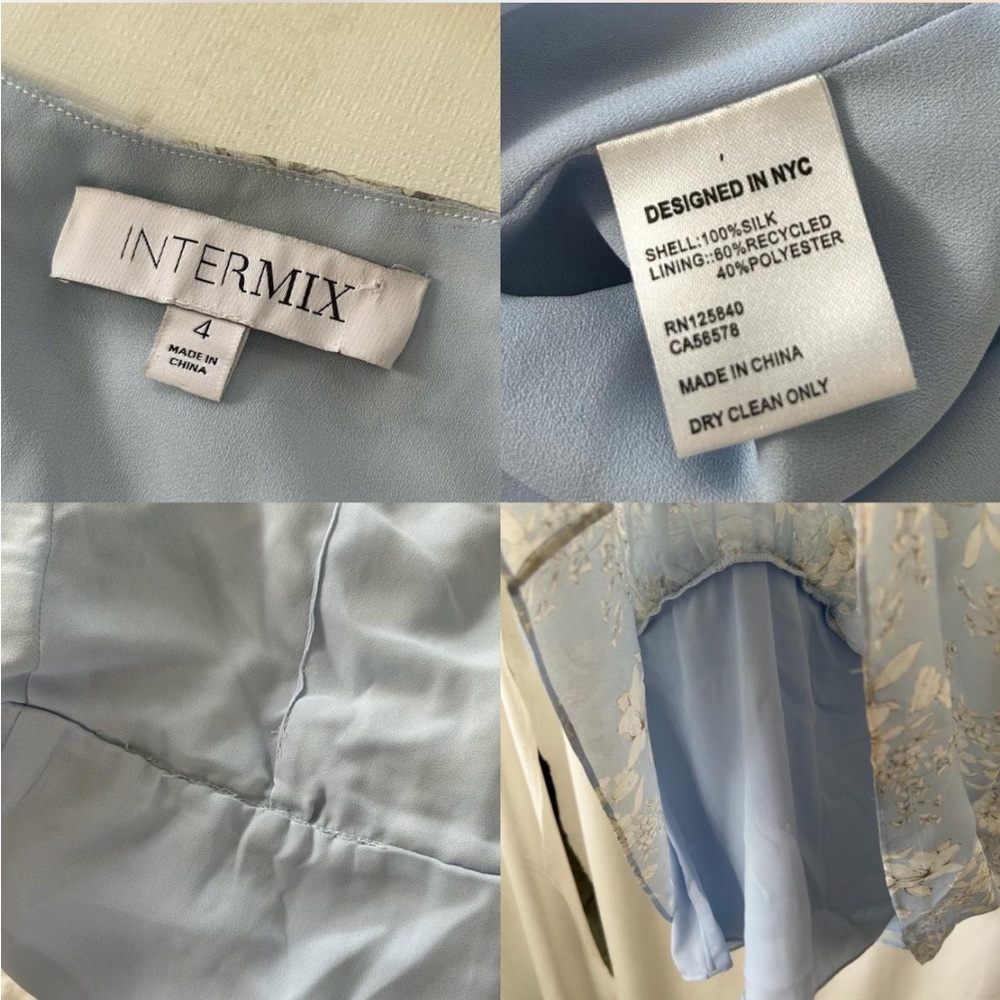 Intermix Vintage Vibe Light Blue Floral Silk Mini Dress Ruffled & Ruched - Picture 9 of 13
